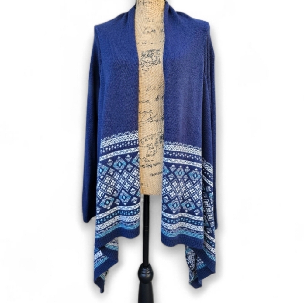 Lands' End Open Front Cardigan - Navy Blue Fair Isle Knit Sweater, Size L/P